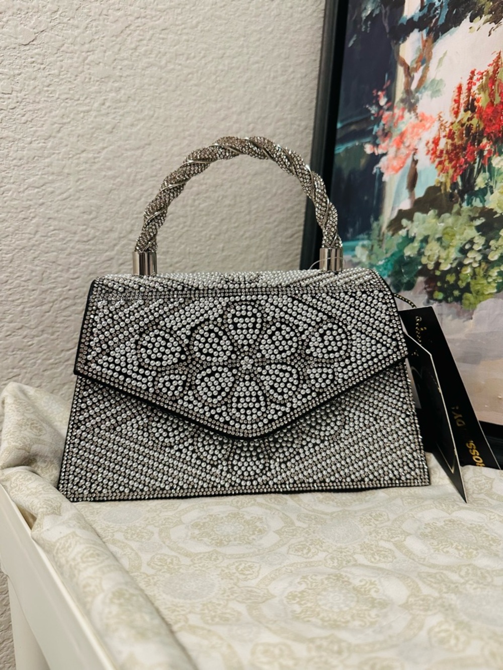 Embellished Crystal Top-Handle Mini Bag in Silver